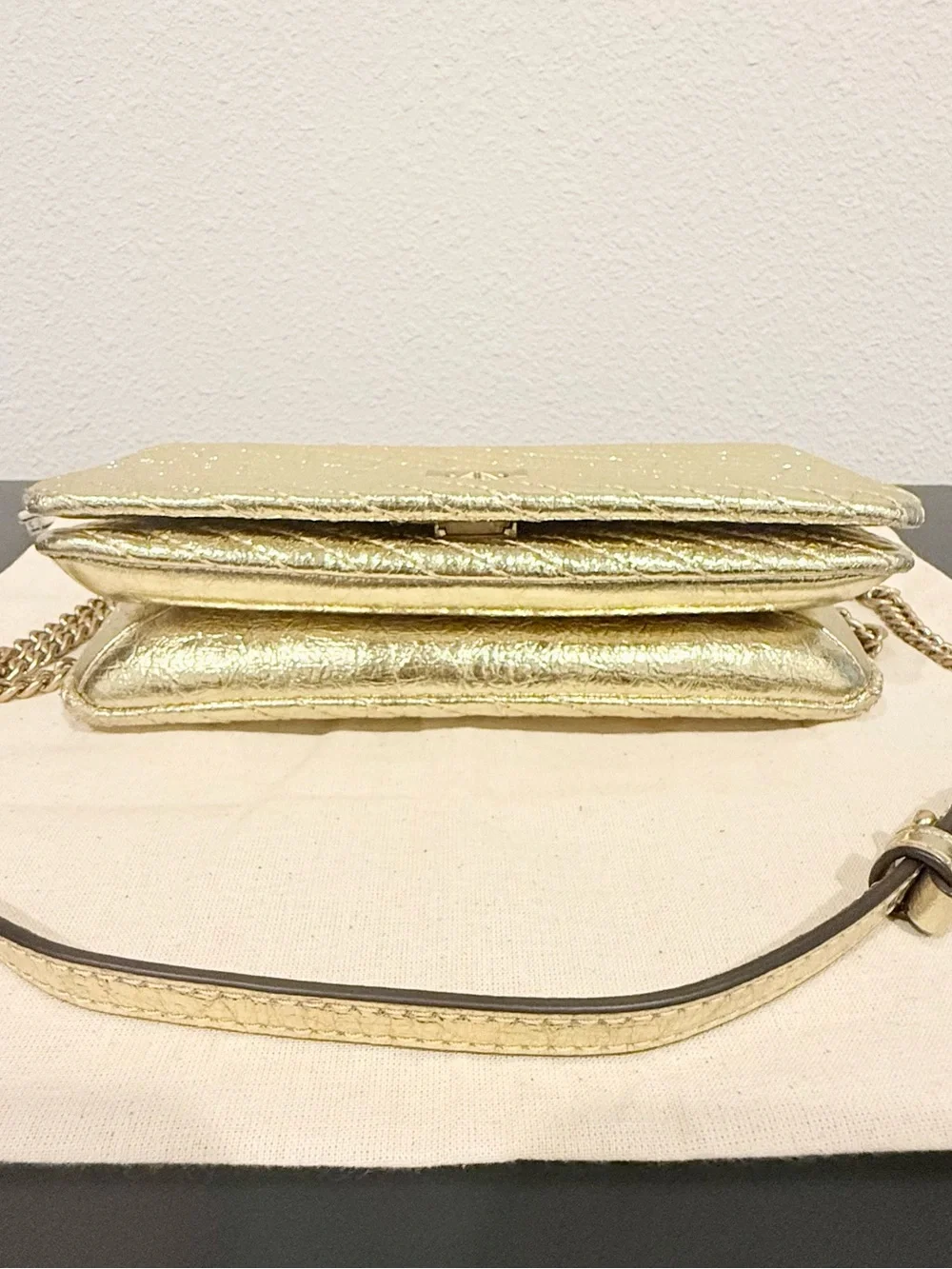 ✨ Tory Burch Kira Metallic Moto Gold Quilted Chain Clutch Wallet Crossbody Bag